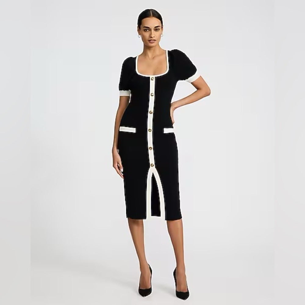 NWT Express Tipped Short Sleeve Novelty Button Midi Sweater Dress